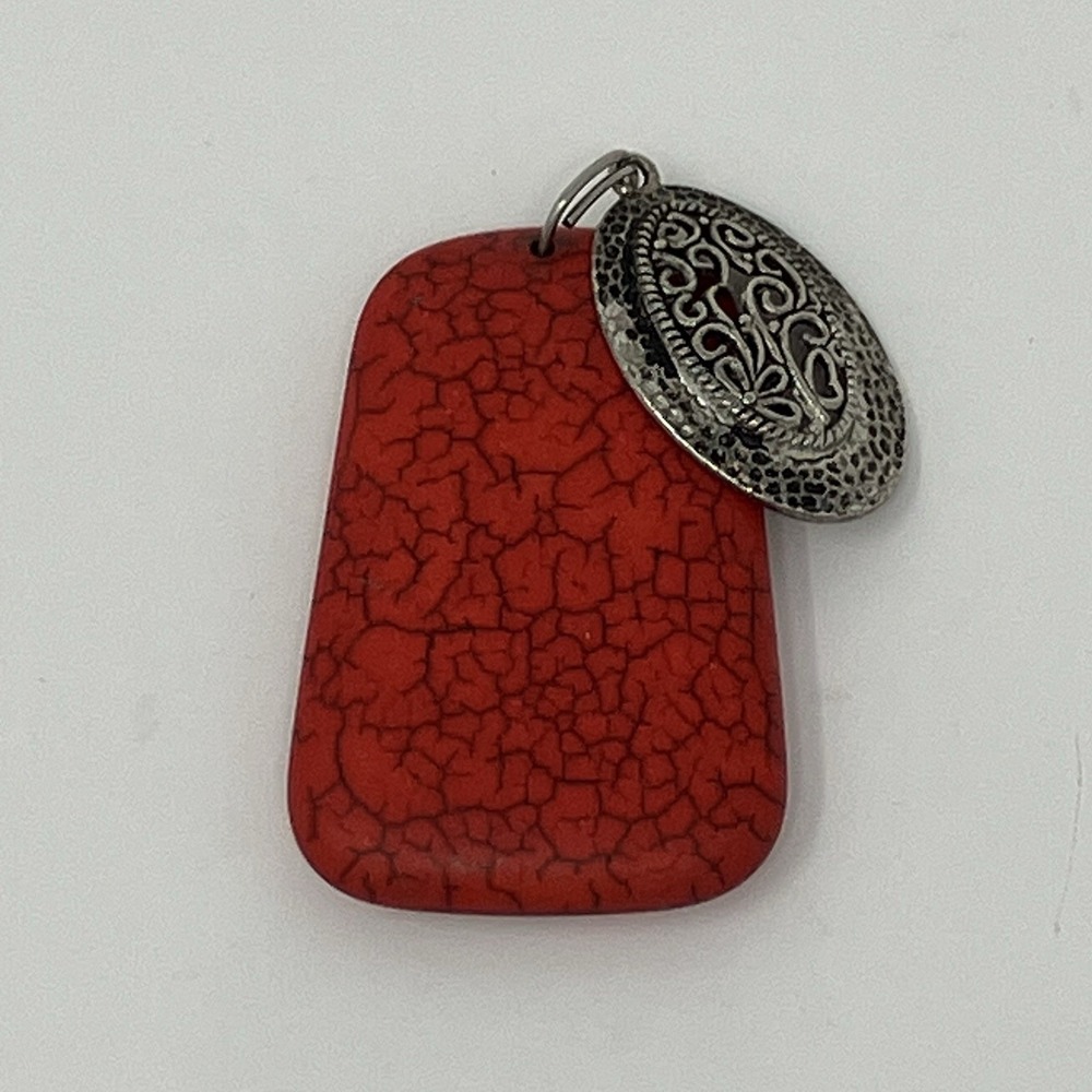 Western Red Howlite Howlite Stone Pendant Silver Tone Filigree Oval Charm
